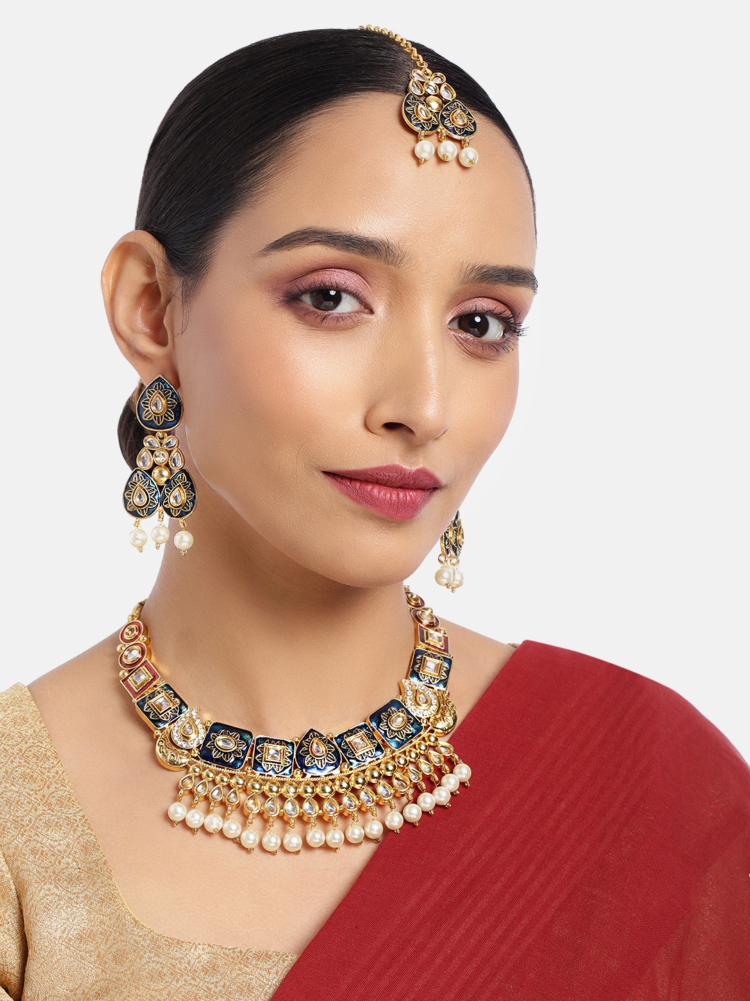 

ASMITTA JEWELLERY Gold Toned Kundan Pearl Studded Meenakari Choker Necklace Set