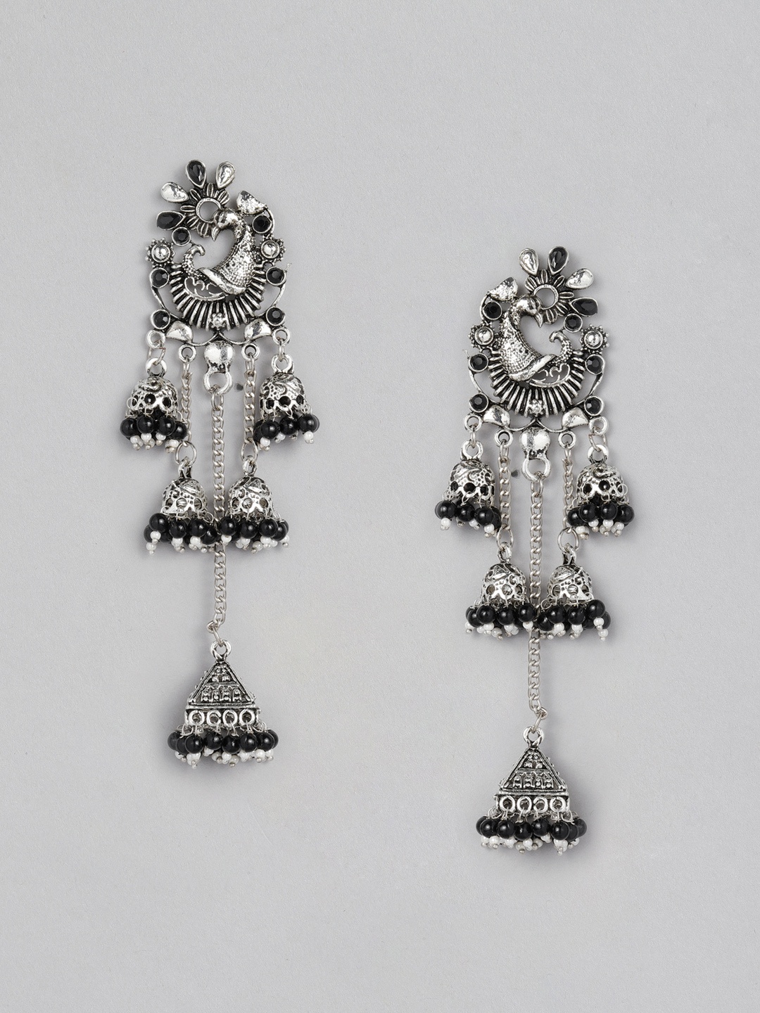 

ASMITTA JEWELLERY Silver-Toned & Black Peacock Shaped Drop Earrings