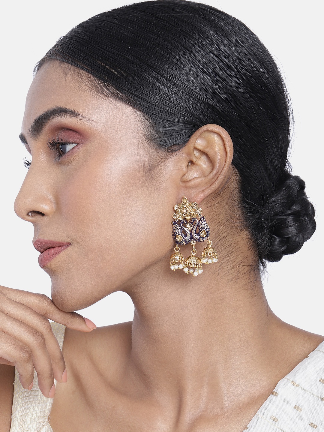 

ASMITTA JEWELLERY Gold-Toned & White Contemporary Jhumkas Earrings