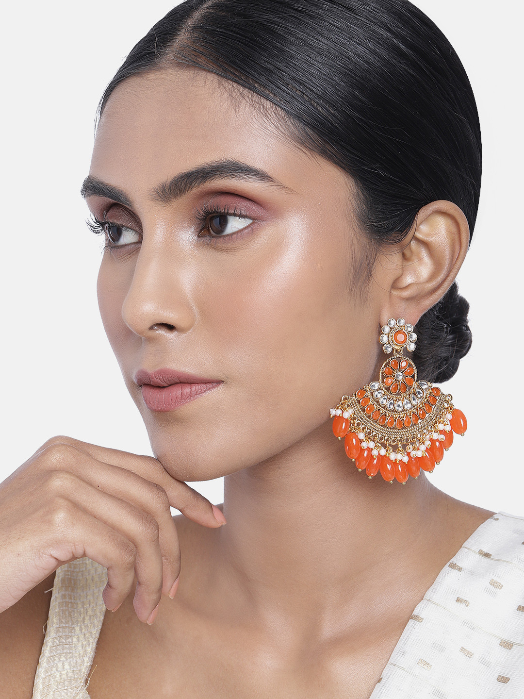 

ASMITTA JEWELLERY Gold-Toned & Orange Geometric Chandbalis Earrings