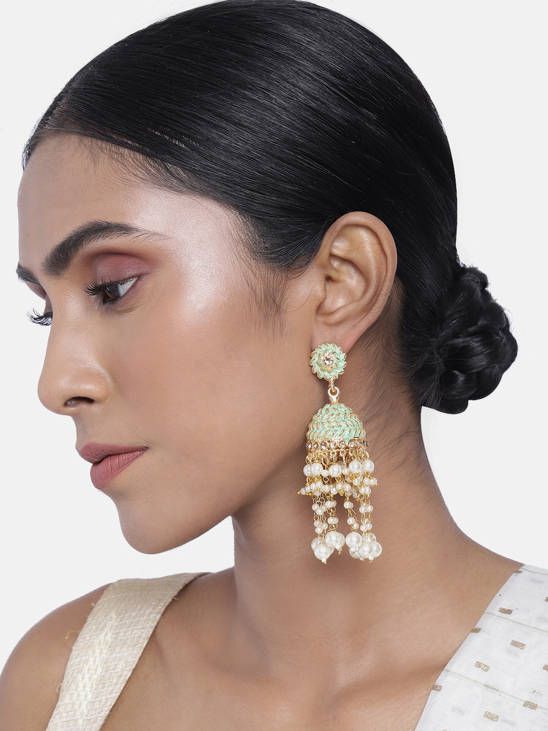 

ASMITTA JEWELLERY Gold-Toned & Green Dome Shaped Jhumkas Earrings