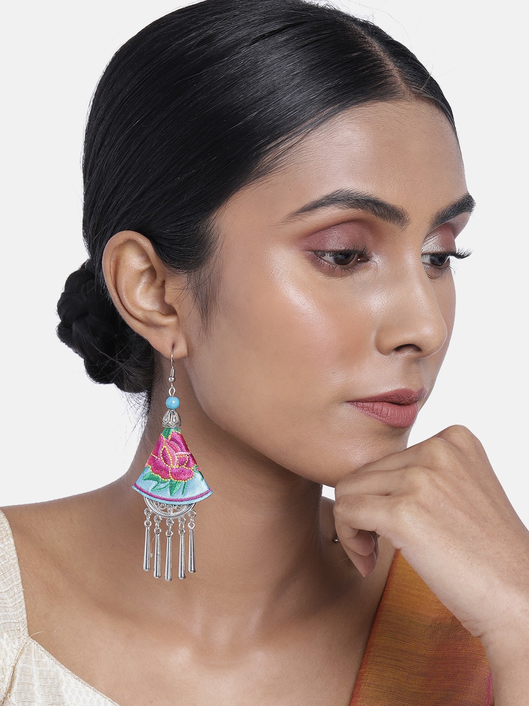 

ASMITTA JEWELLERY Silver-Toned & Pink Triangular Drop Earrings
