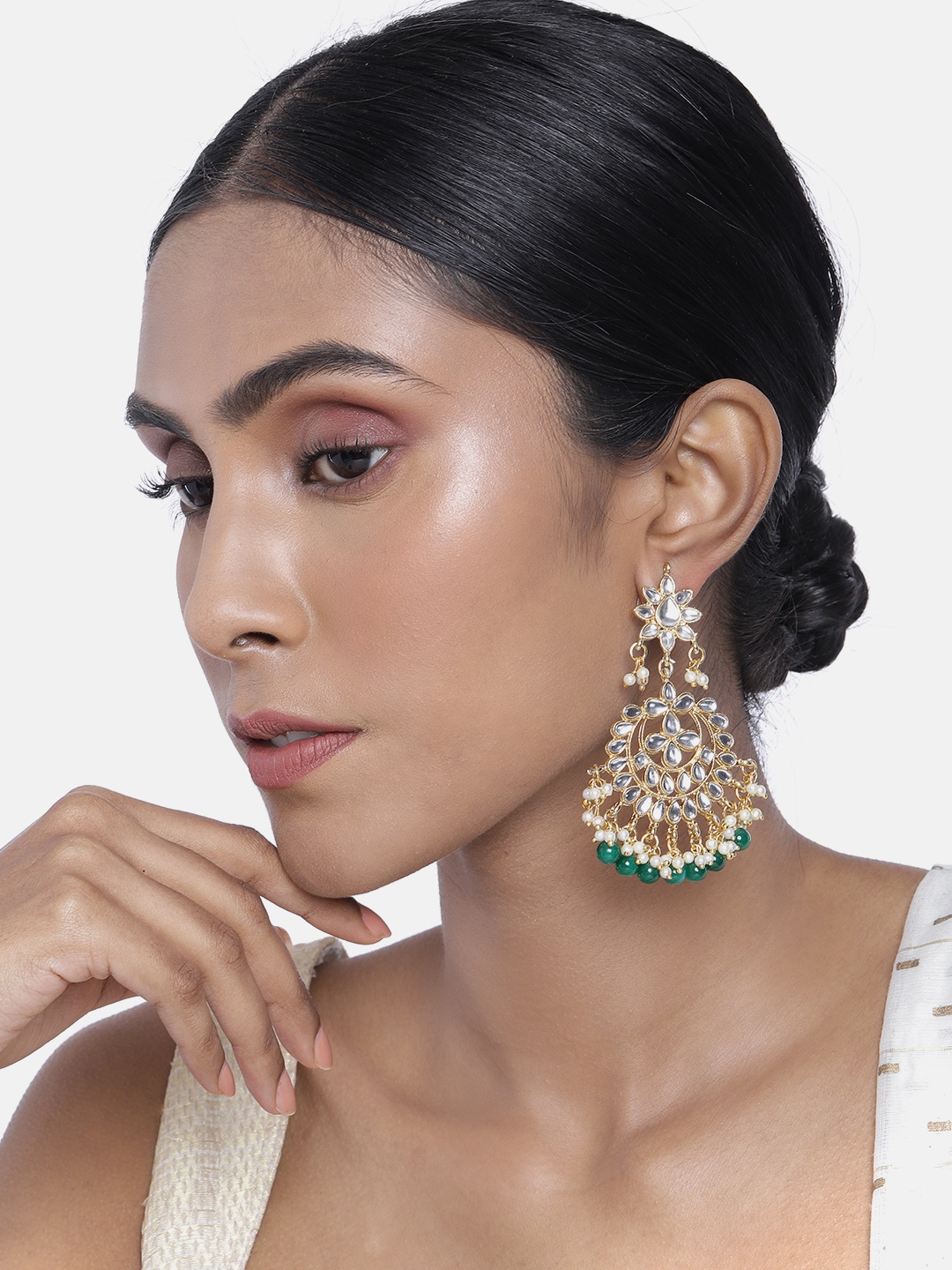 

ASMITTA JEWELLERY Green & White Contemporary Chandbalis Earrings