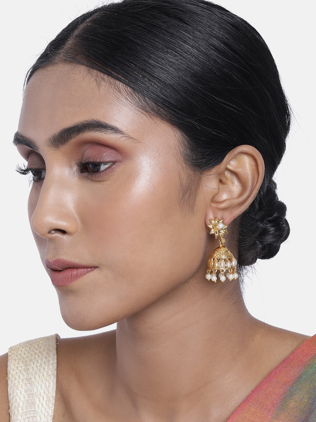 

ASMITTA JEWELLERY Gold-Toned & White Dome Shaped Jhumkas Earrings