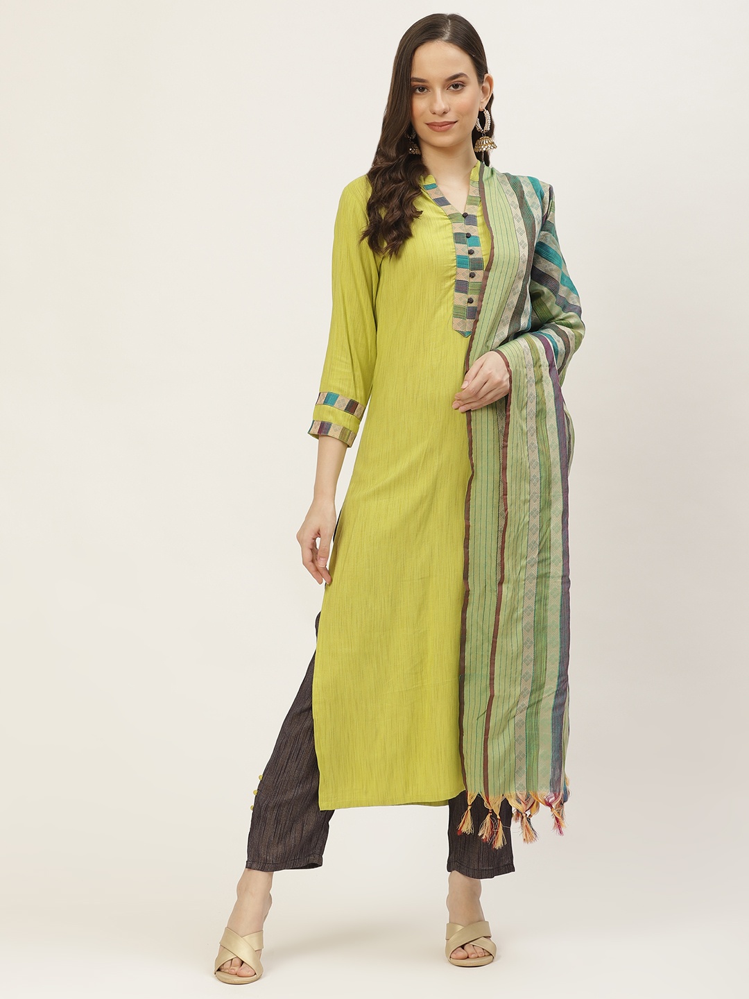 

VAABA Women Lime Green Regular Thread Work Kurta with Trousers & Dupatta