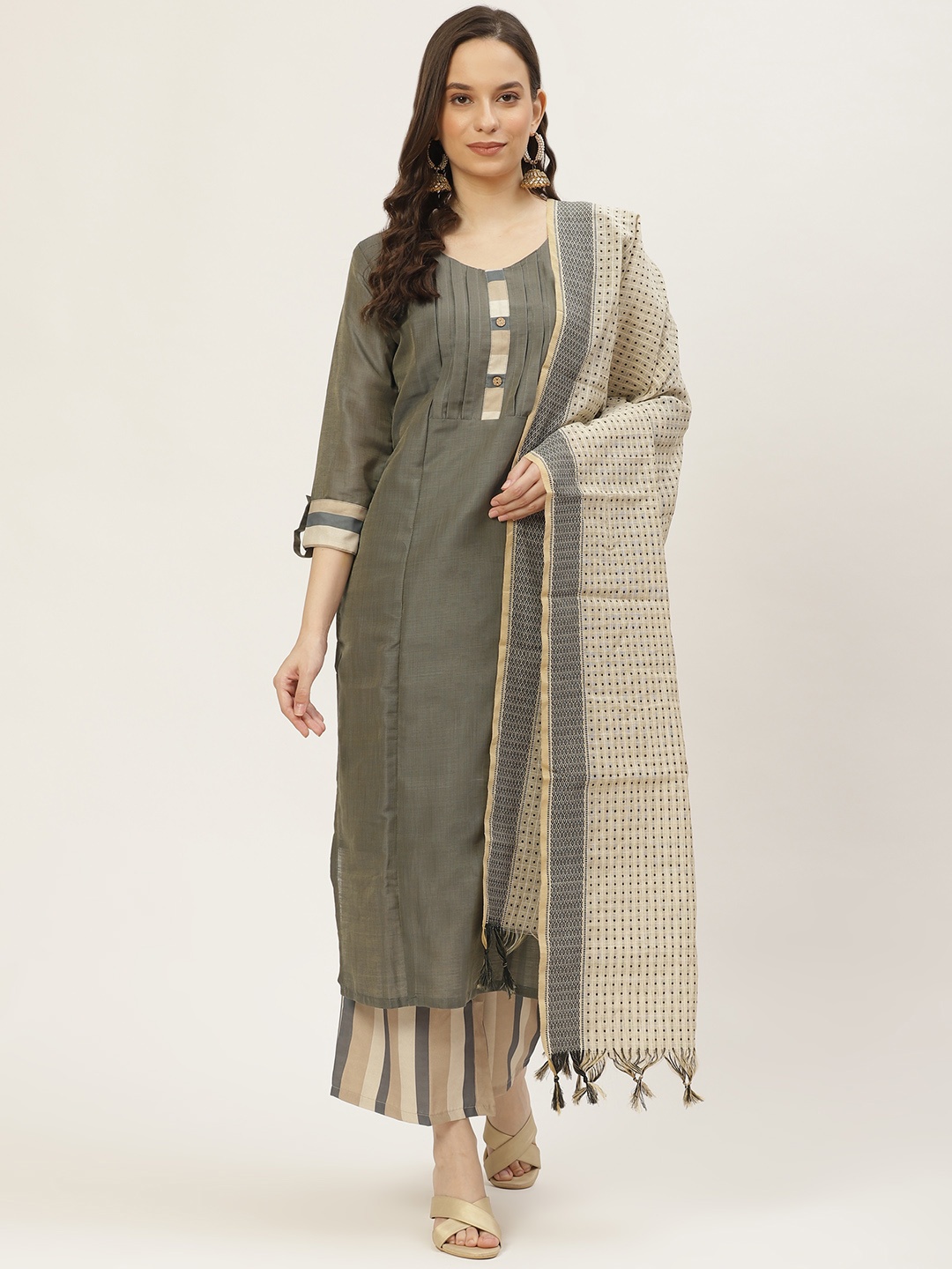 

VAABA Women Grey Pleated Kurta with Palazzos & Dupatta