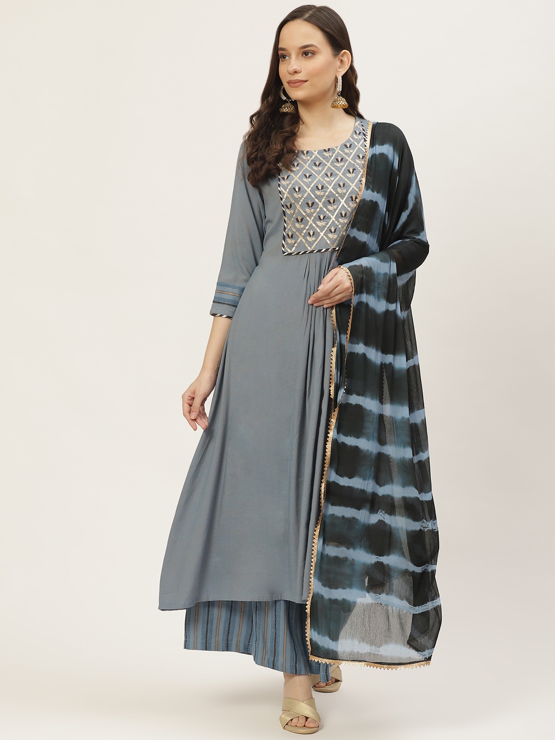 

VAABA Women Blue Yoke Design Pleated Gotta Patti Kurta with Palazzos & Dupatta