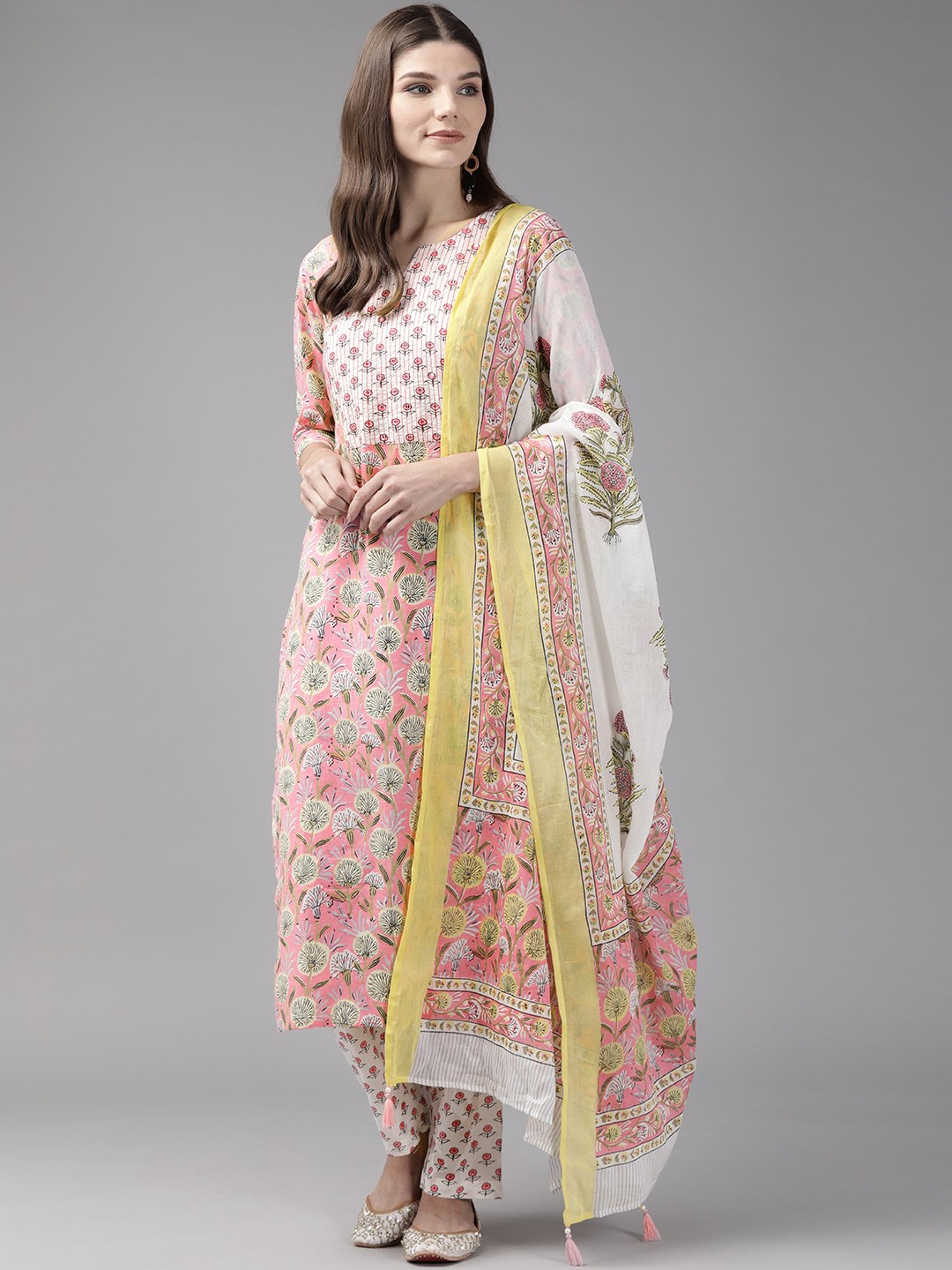 

Yufta Women Pink Ethnic Motifs Printed Regular Pure Cotton Kurta with Trousers & Dupatta