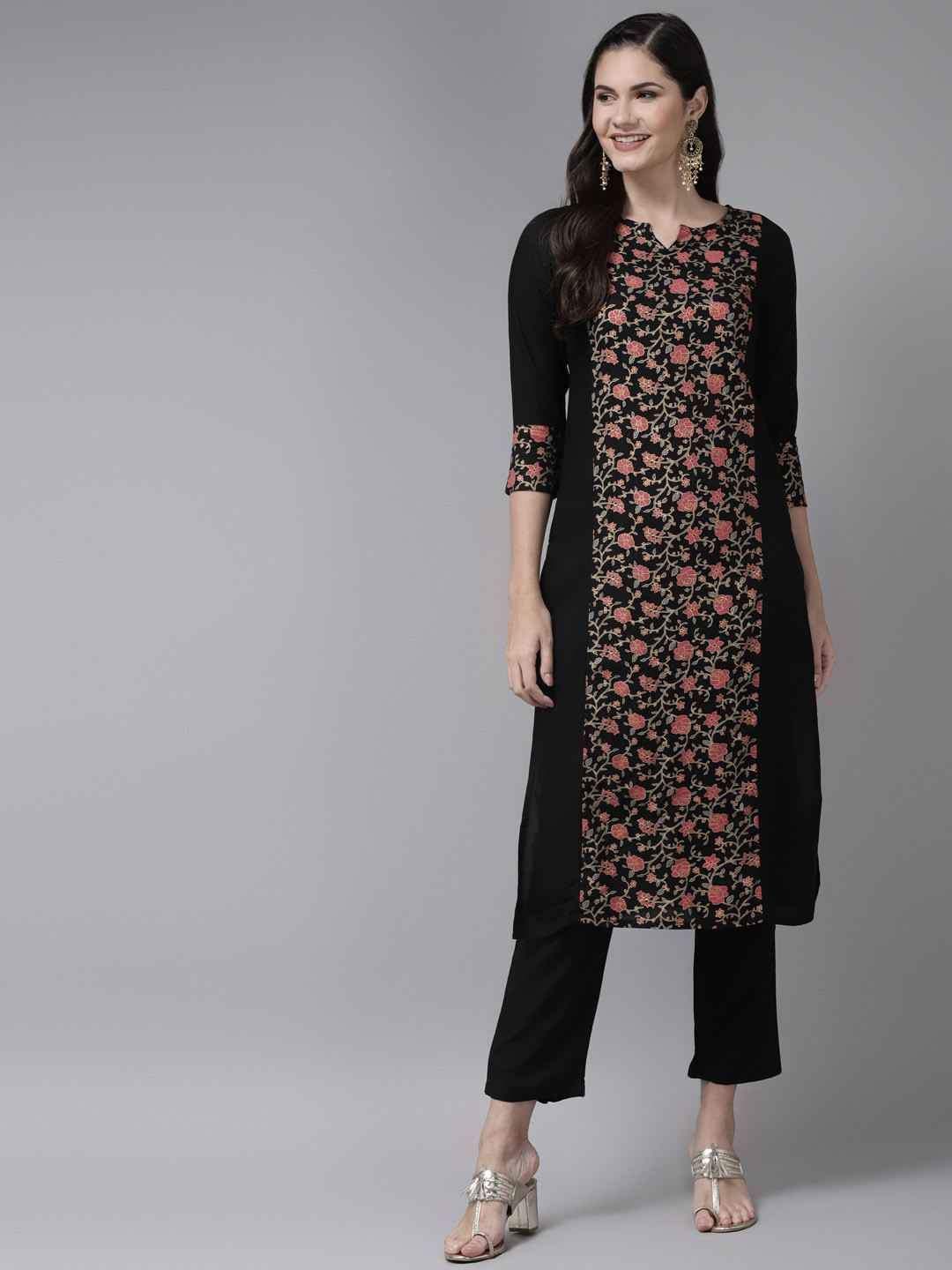

Yufta Women Black Ethnic Motifs Printed Panelled Kurta with Trousers