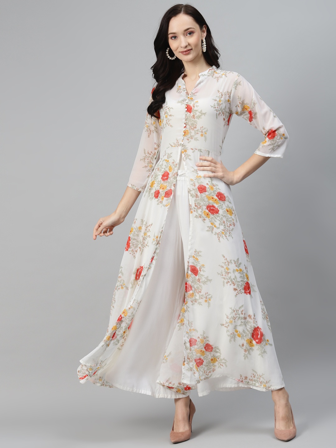 

Rang Gali Women White & Red Floral Printed Georgette Kurta