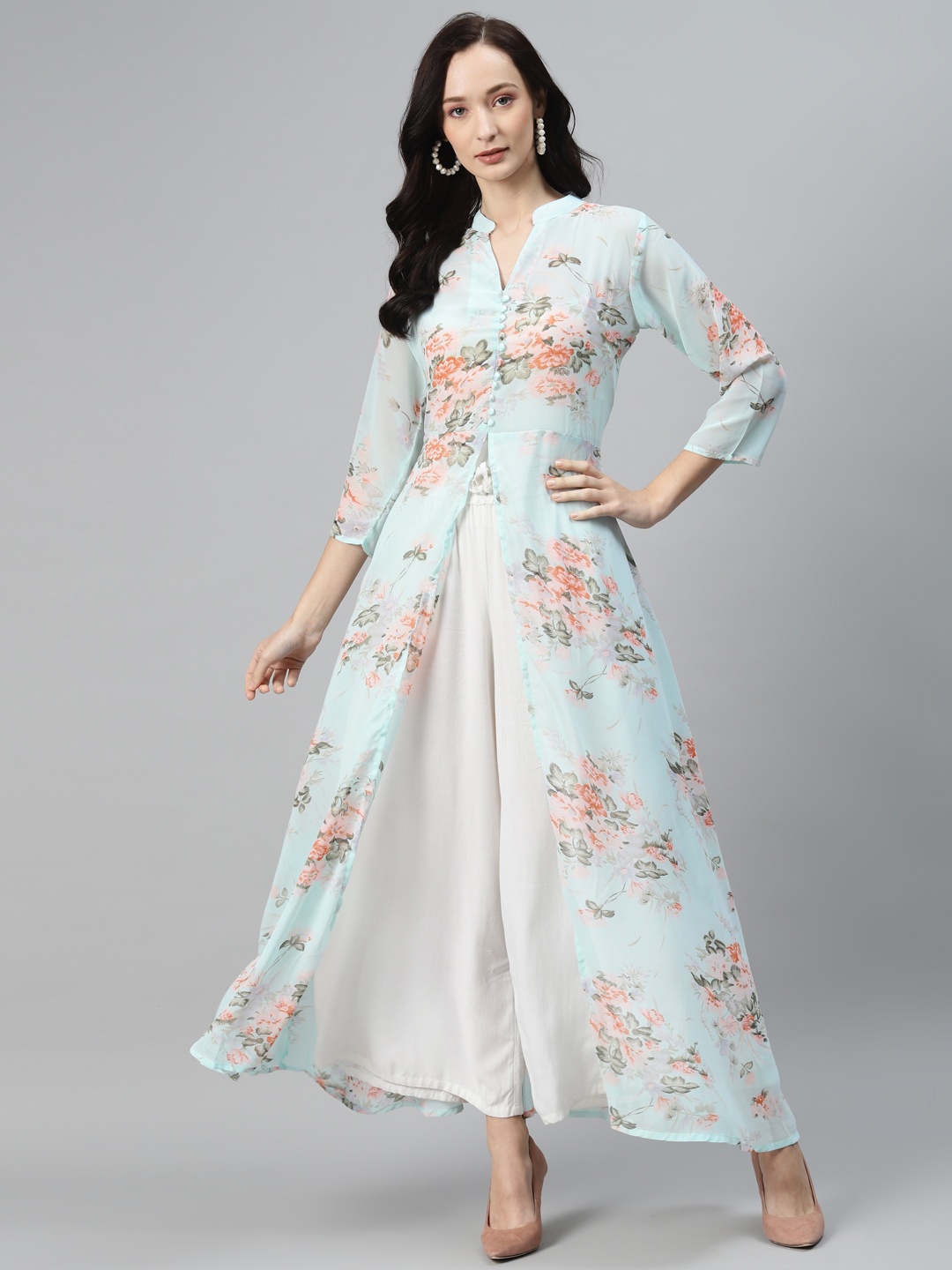 

Rang Gali Women Turquoise Blue & Peach-Coloured Floral Printed Georgette Kurta