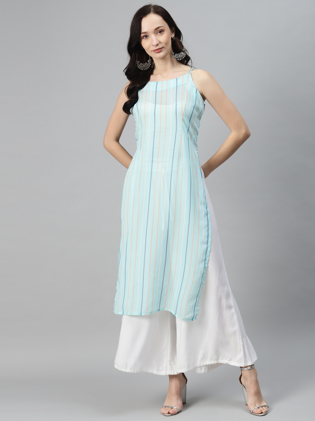 

Rang Gali Women Blue & Peach-Coloured Striped Georgette Kurta