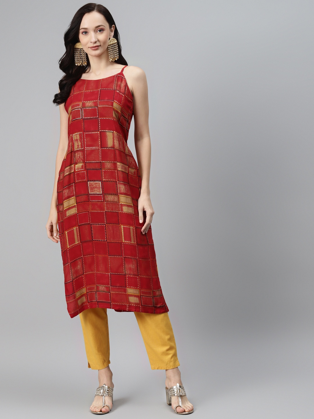 

Rang Gali Women Red & Mustard Yellow Geometric Printed Kurta