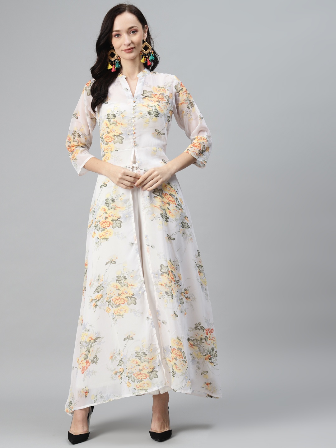 

Rang Gali Women Off White & Yellow Floral Printed Georgette Kurta