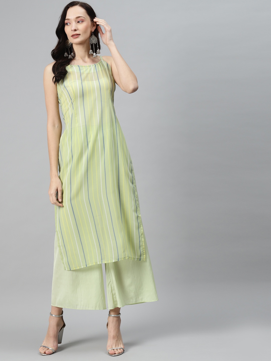 

Rang Gali Women Green & Navy Blue Striped Georgette Kurta