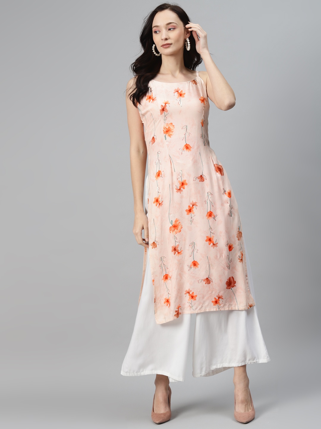

Rang Gali Women Peach-Coloured & Orange Floral Printed Kurta