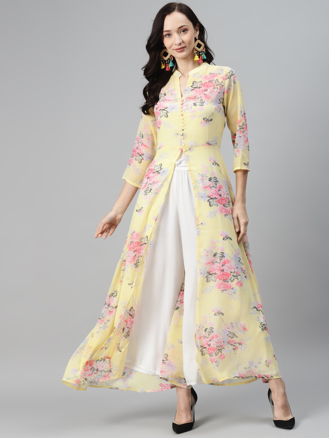

Rang Gali Women Yellow & Pink Floral Printed Georgette Kurta