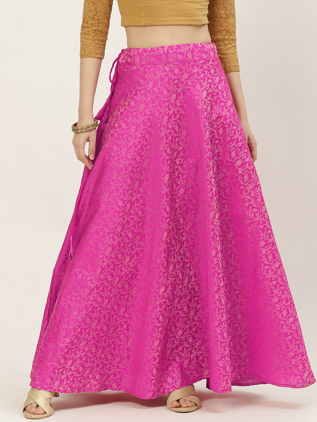

Studio Shringaar Women Pink & Golden Banarasi Brocade Woven Design Flared Maxi Skirt