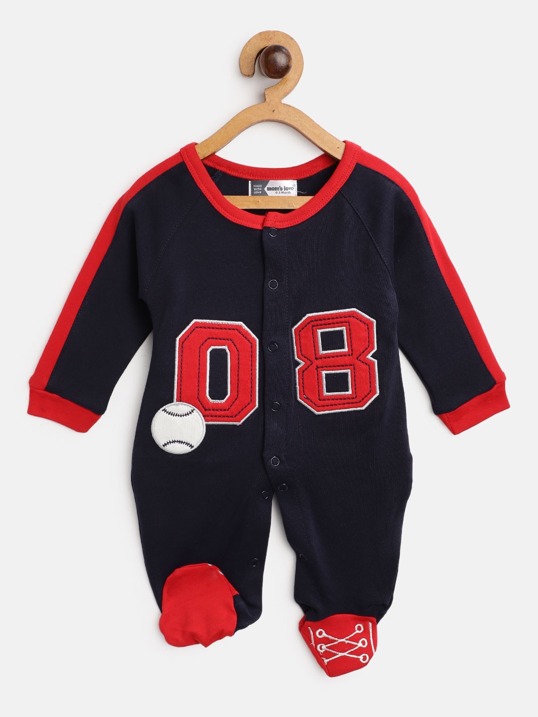 

Moms Love Infant Boys Navy & Red Pure Cotton Varsity Applique Sleepsuit, Navy blue