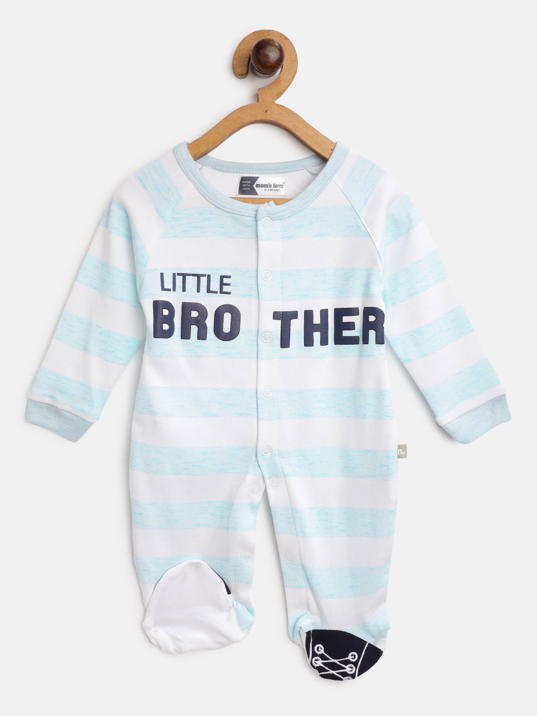 

Moms Love Infant Boys Blue & White Pure Cotton Striped & Printed Sleepsuit