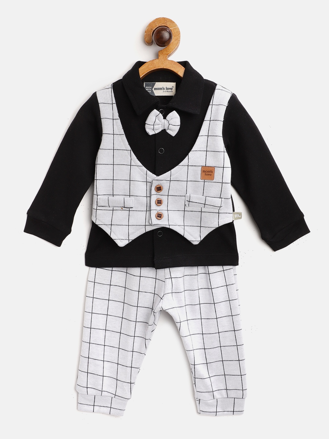 

Moms Love Infant Boys Black & Off-White Checked Cotton Clothing Set
