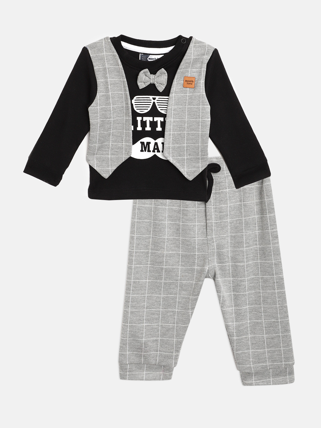 

Moms Love Infant Boys Black & Grey Printed Pure Cotton T-shirt with Checked Joggers