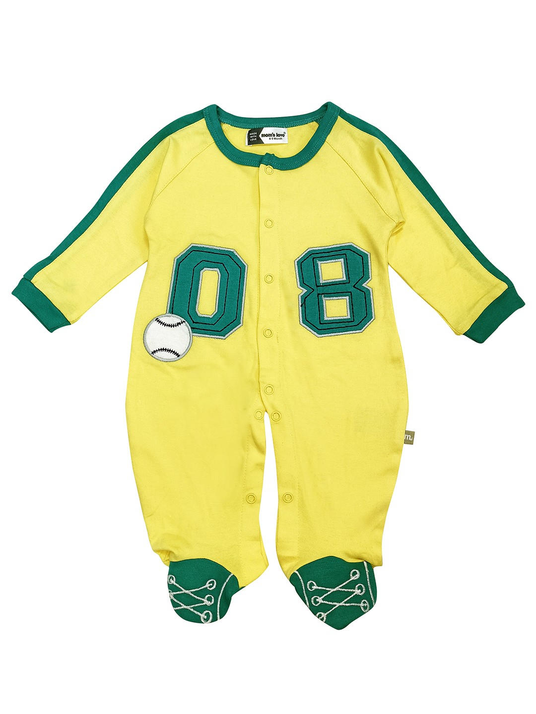 

Moms Love Infant Boys Yellow & Green Pure Cotton Varsity Applique Sleepsuit