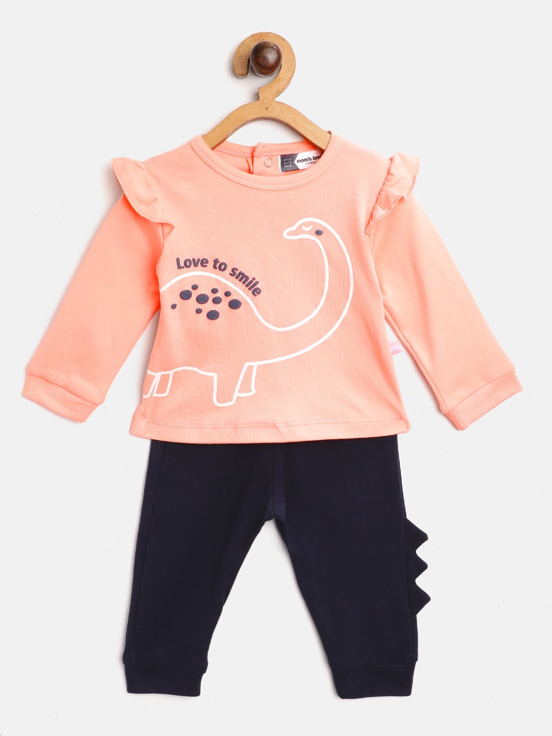 

Moms Love Infant Girls Peach-Coloured & Navy Blue Dinosaur Print Cotton Clothing Set
