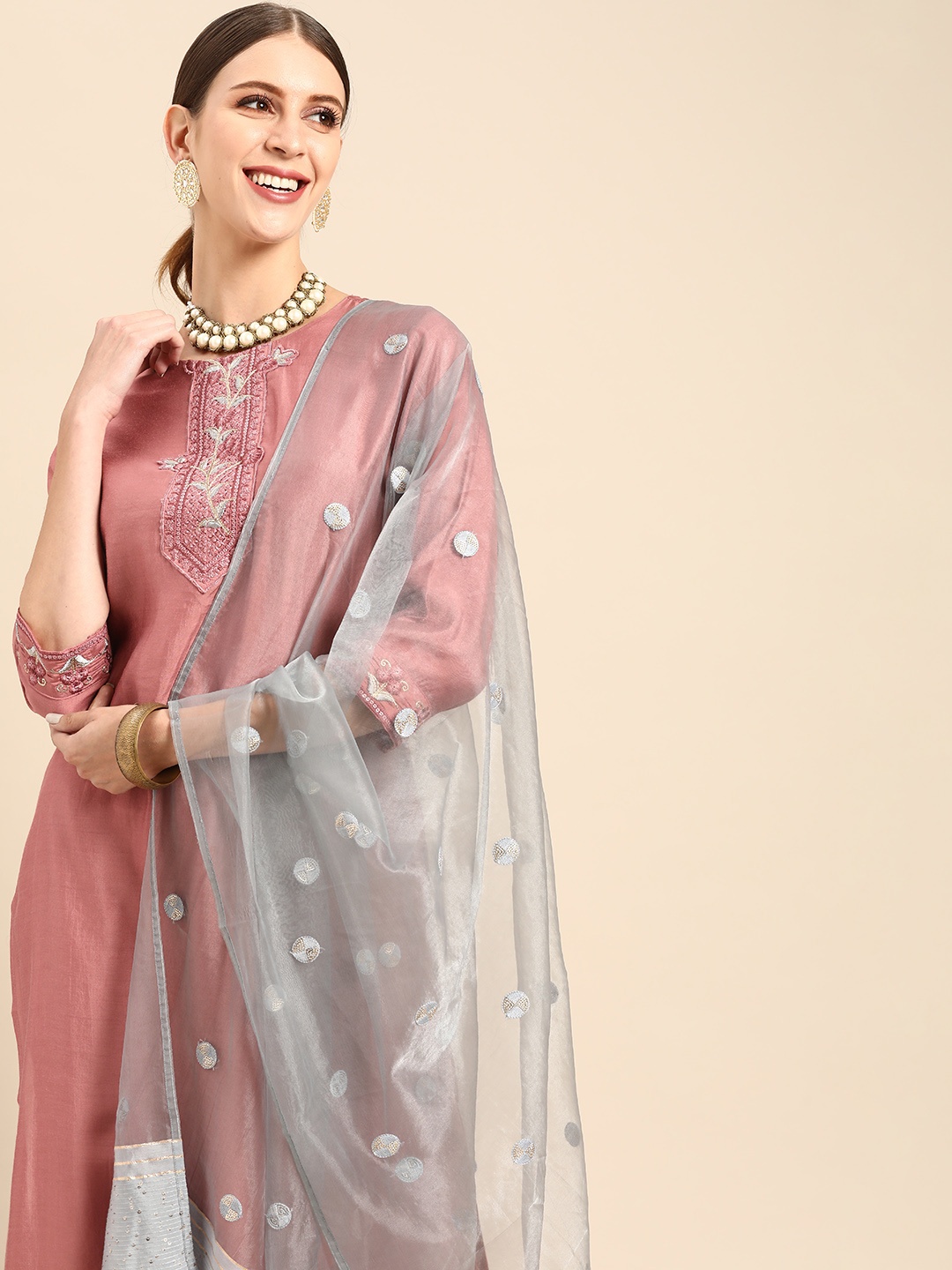 

Anouk Women Pink & Blue Ethnic Motifs Embroidered Kurta with Trousers & With Dupatta