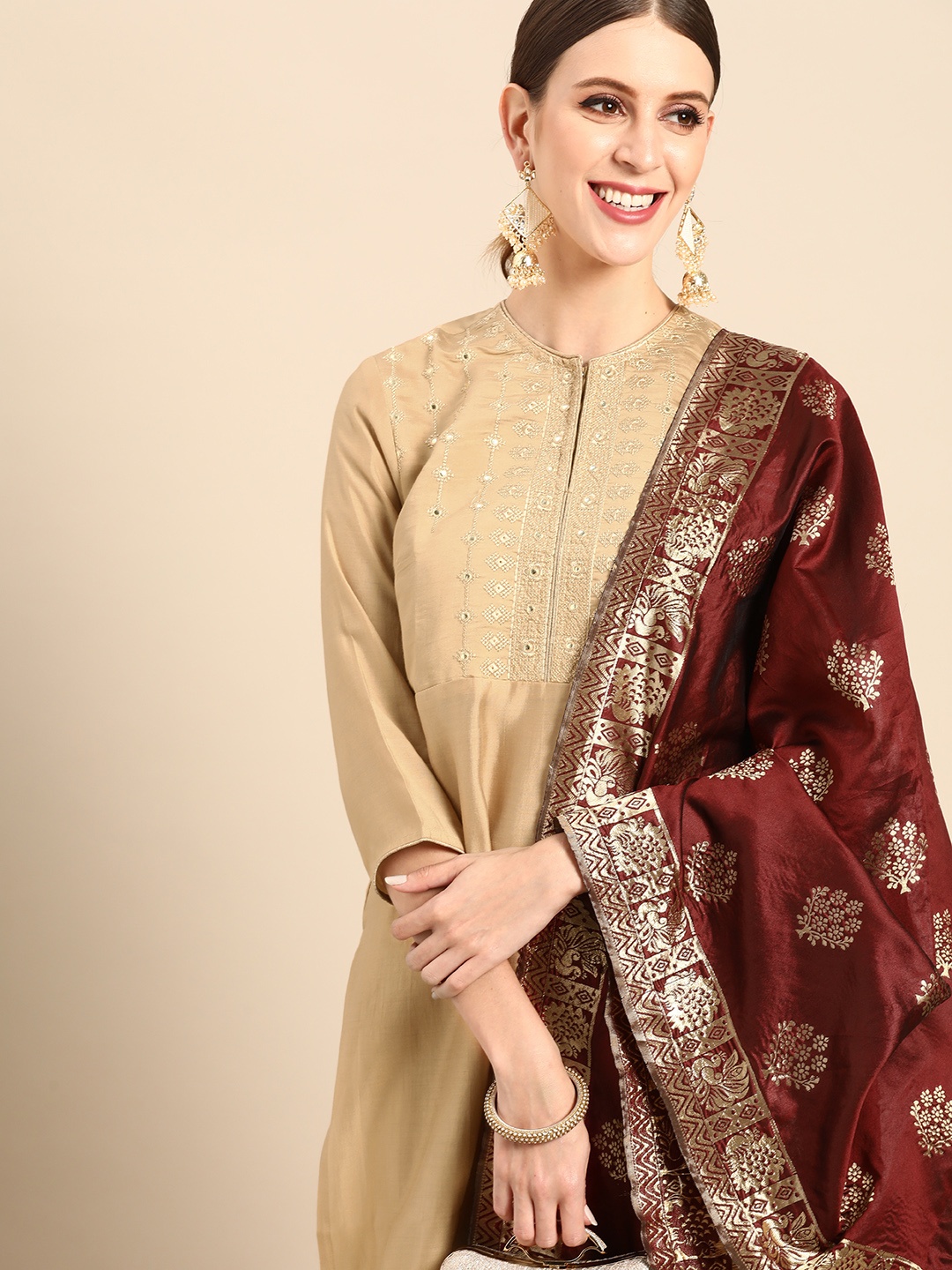 

Anouk Women Beige & Maroon Ethnic Motifs Yoke Design Regular Kurta with Palazzos & Dupatta