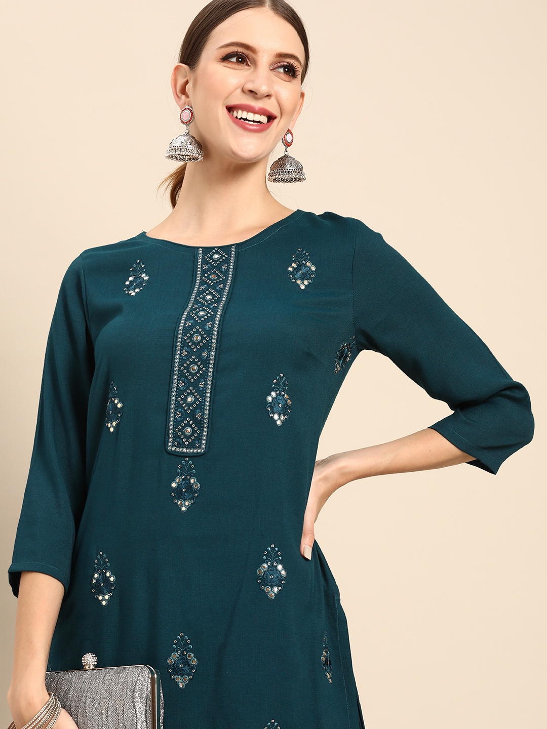 

Anouk Women Teal Blue Embroidered Regular Mirror Work Kurta with Palazzos