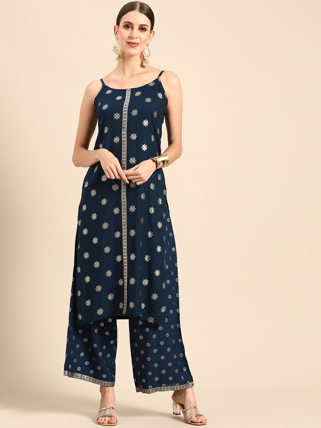 

Anouk Women Navy Blue Printed Regular Kurta with Palazzos