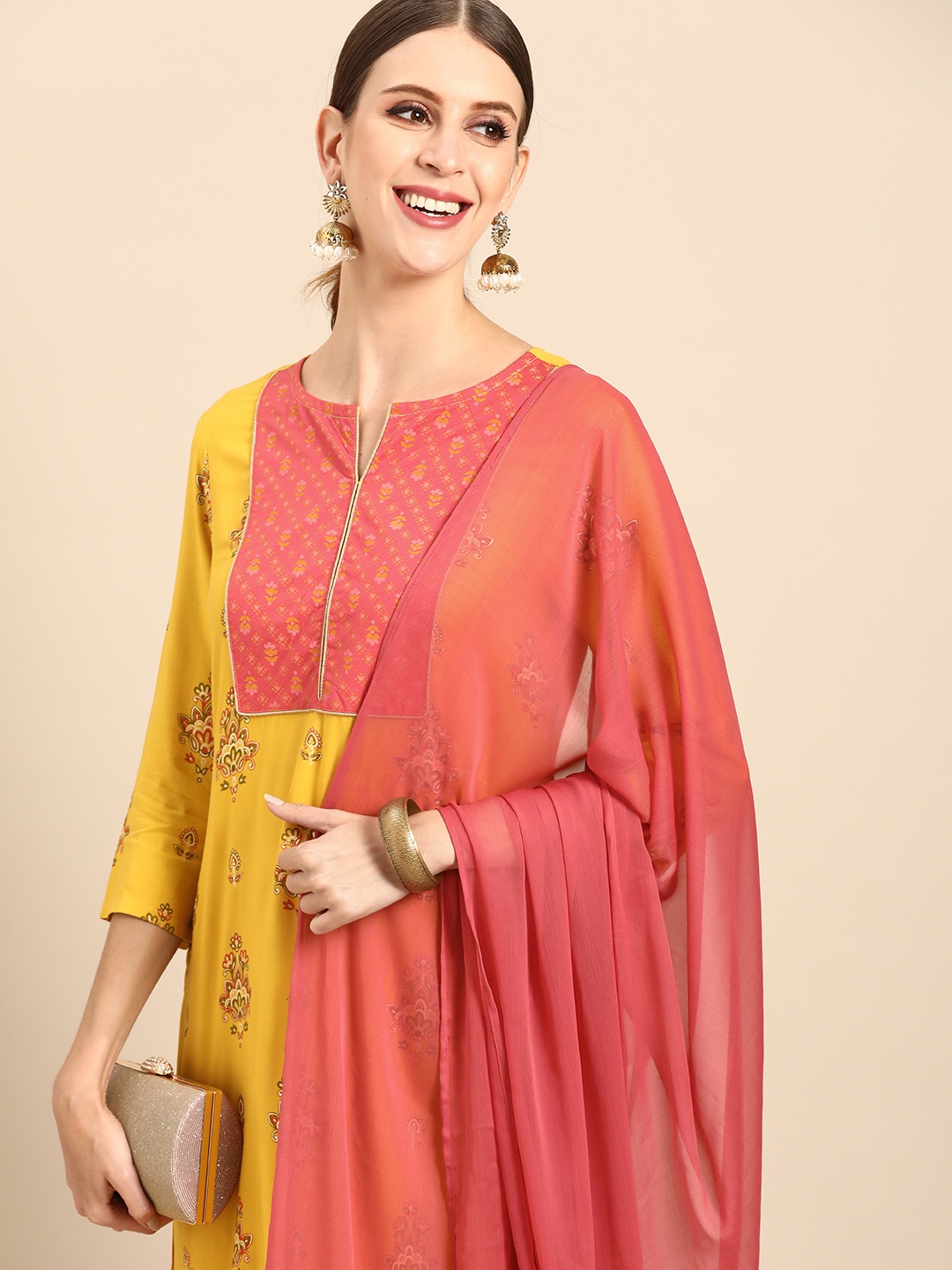 

Anouk Women Yellow & Pink Ethnic Motifs Printed Regular Kurta with Trousers & Dupatta