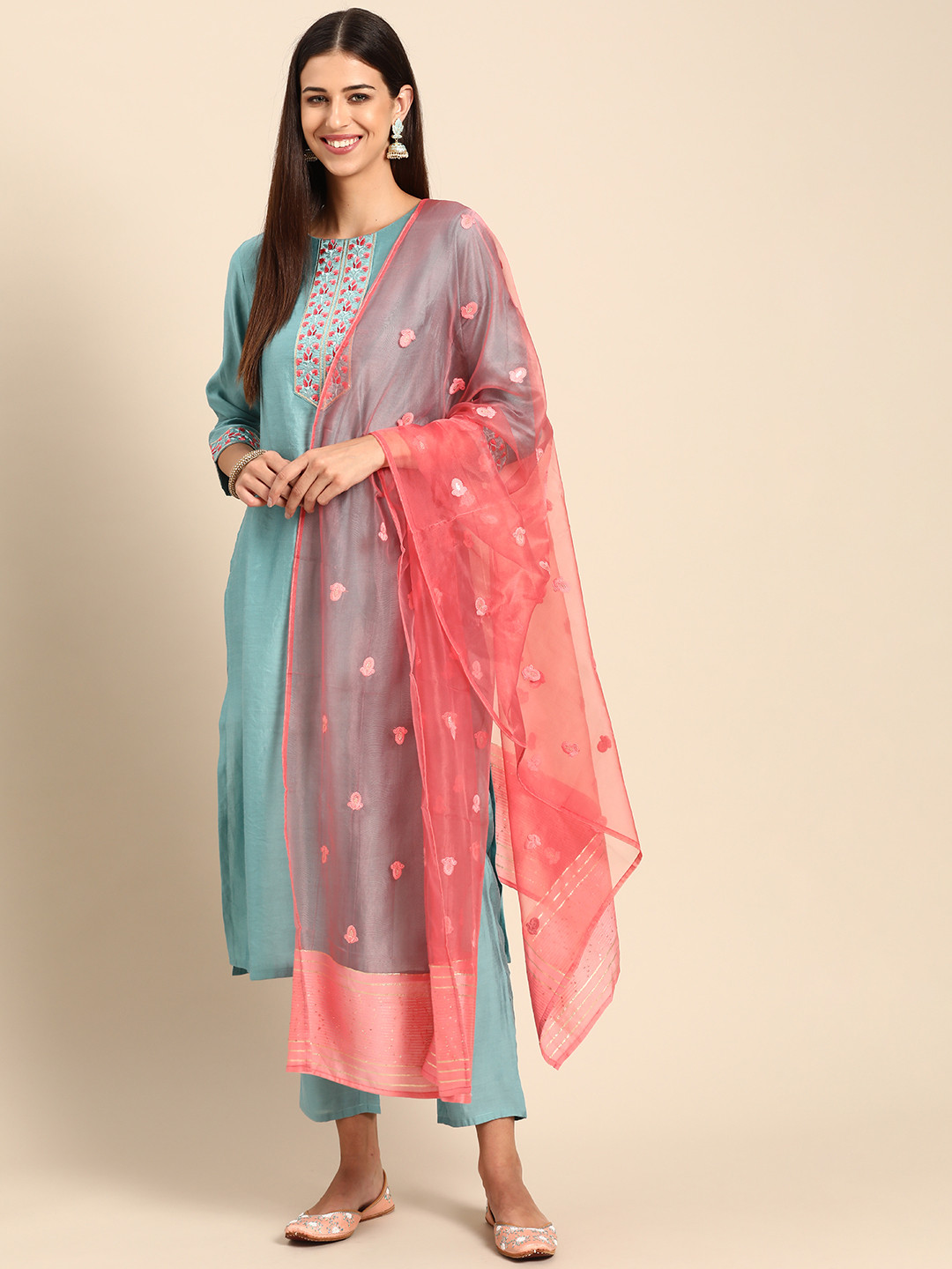 

Anouk Women Teal Blue & Pink Yoke Design Regular Kurta with Trousers & Dupatta