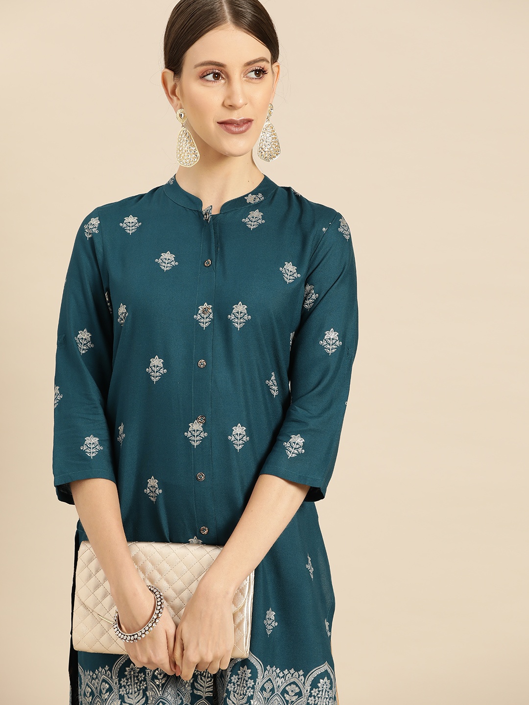 

Anouk Women Teal Blue Ethnic Motifs Foil Printed Kurta