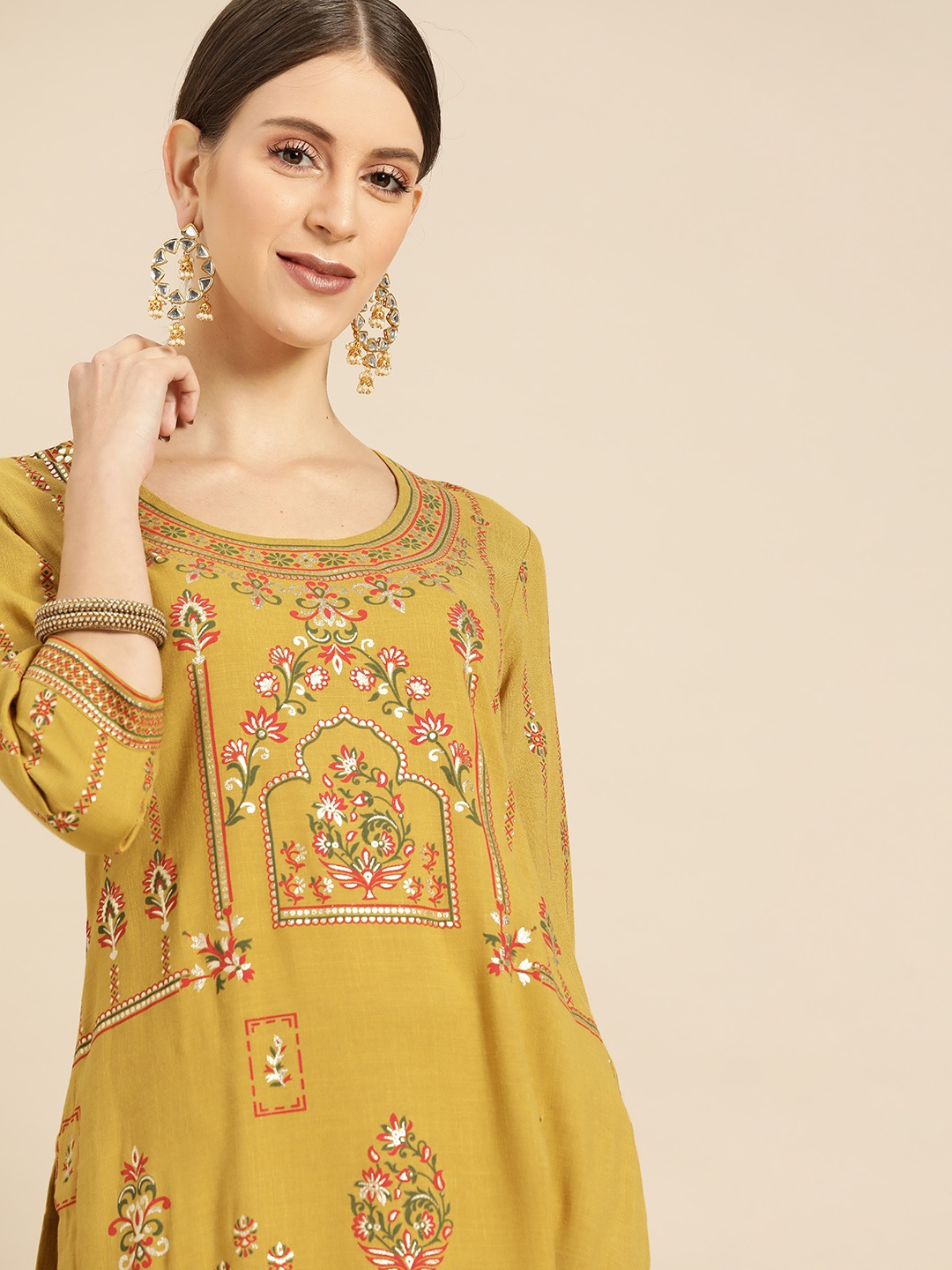 

Anouk Women Mustard Yellow Ethnic Motifs Foil Printed Kurta