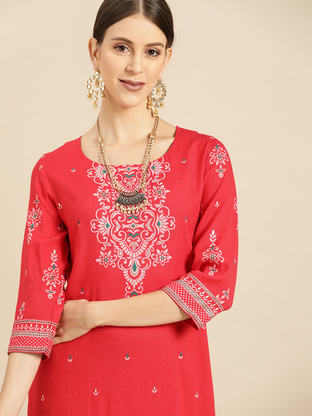

Anouk Women Coral Red Ethnic Motifs Foil Printed Kurta