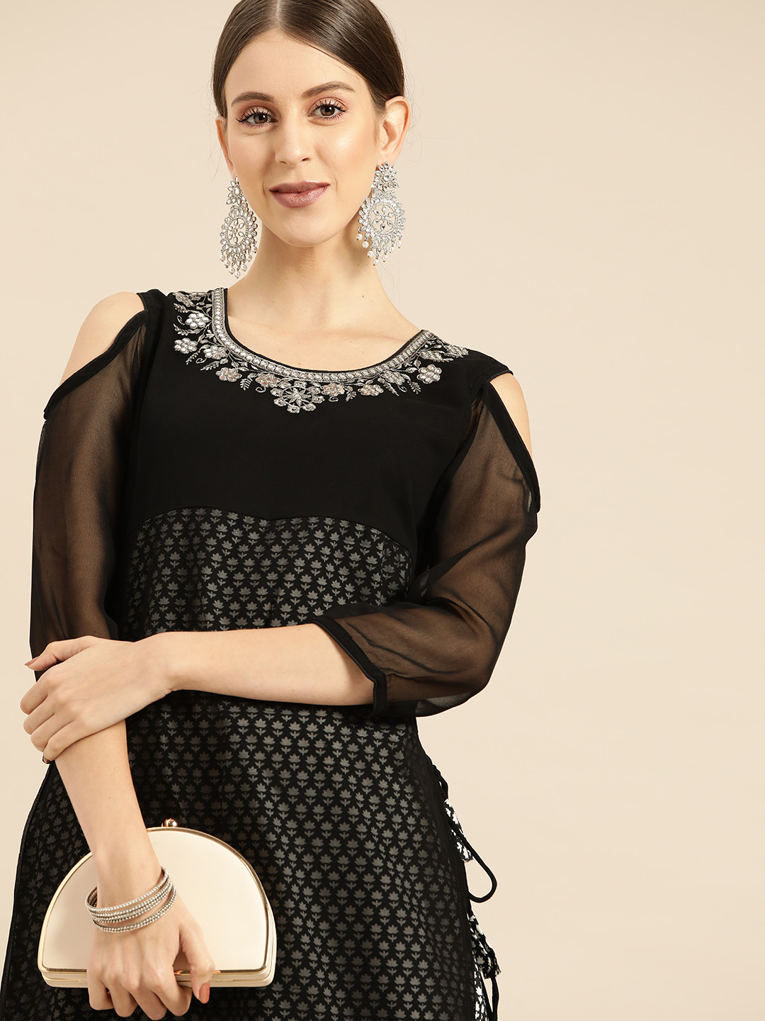 

Anouk Women Black Ethnic Motifs Embroidered Cold-Shoulder Sleeves Mirror Work Kurta