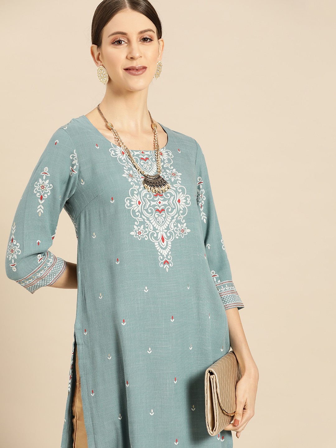

Anouk Women Turquoise Blue Ethnic Motifs Foil Printed Kurta