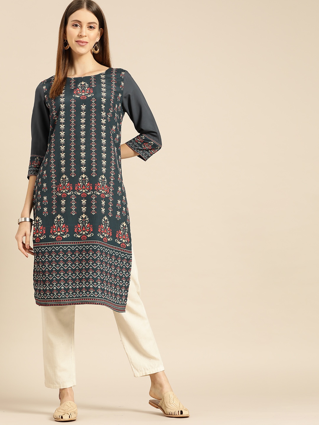 

Anouk Women Teal Green Ethnic Motifs Printed Crepe Kurta