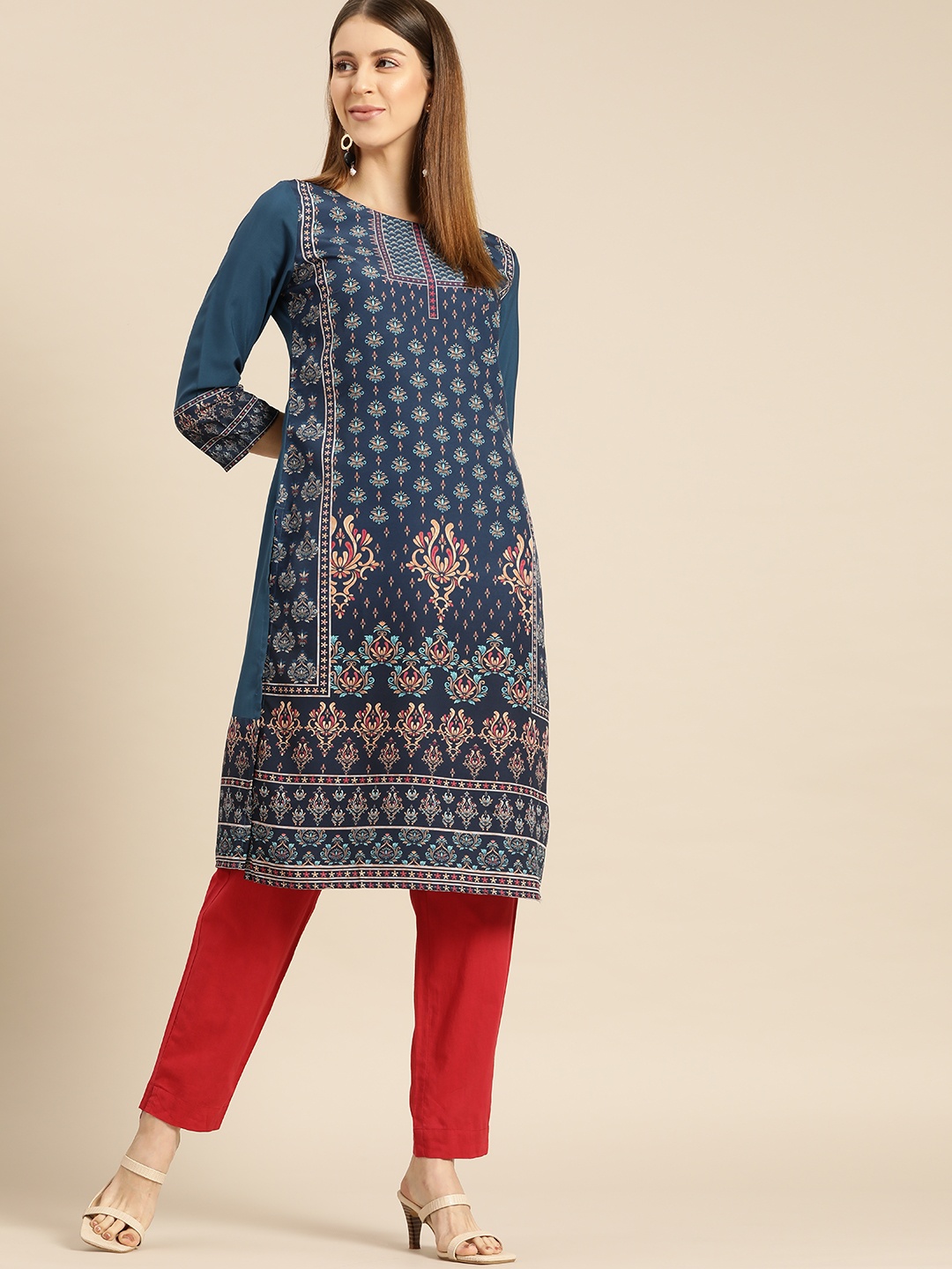 

Anouk Women Navy Blue Ethnic Motifs Printed Crepe Kurta