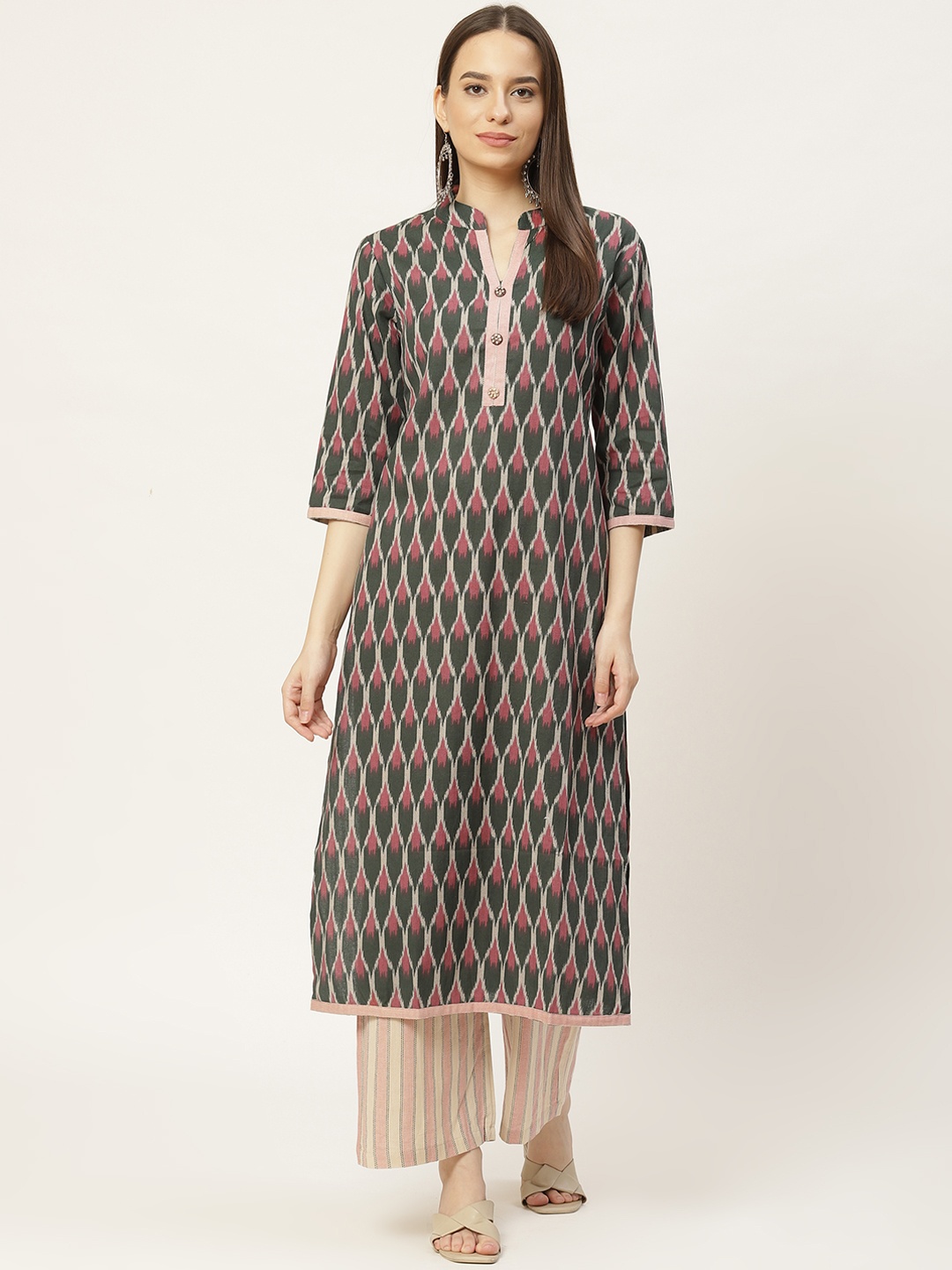 

FABRIC FITOOR Women Teal Green & Pink Printed Regular Pure Cotton Kurta with Palazzos