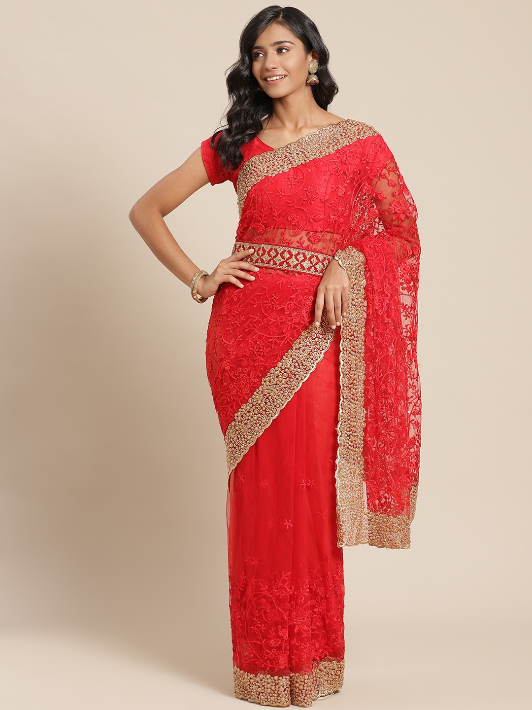 

Chhabra 555 Ethnic Motifs Net Saree with Embroidered border, Red