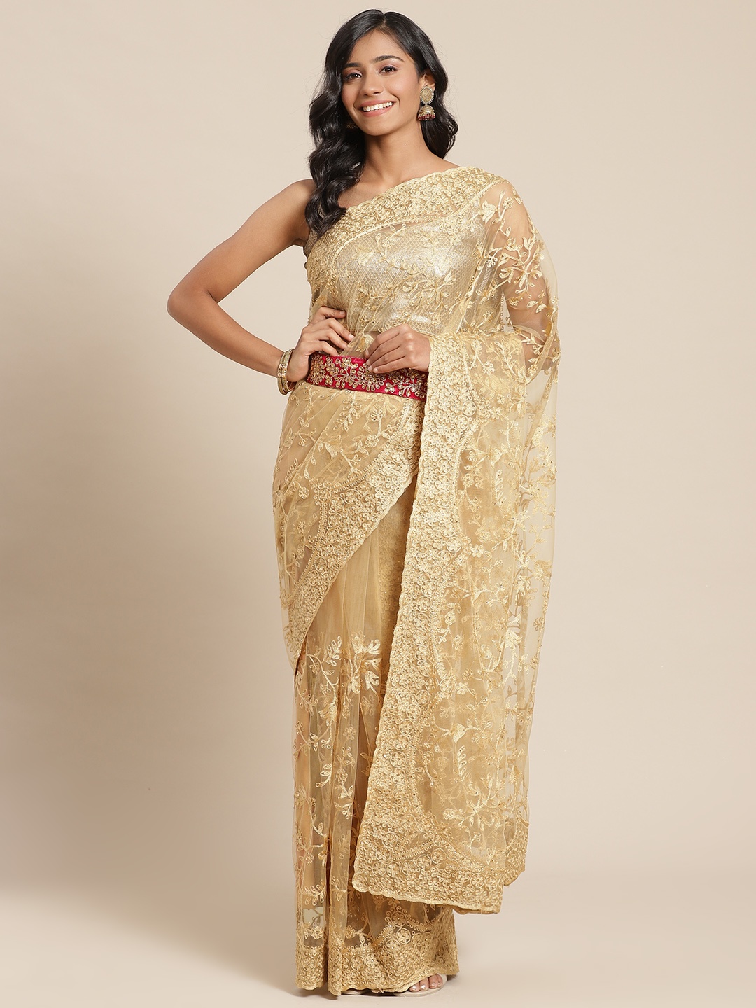 

Chhabra 555 Ethnic Motifs Net Saree with Embroidered border, Gold