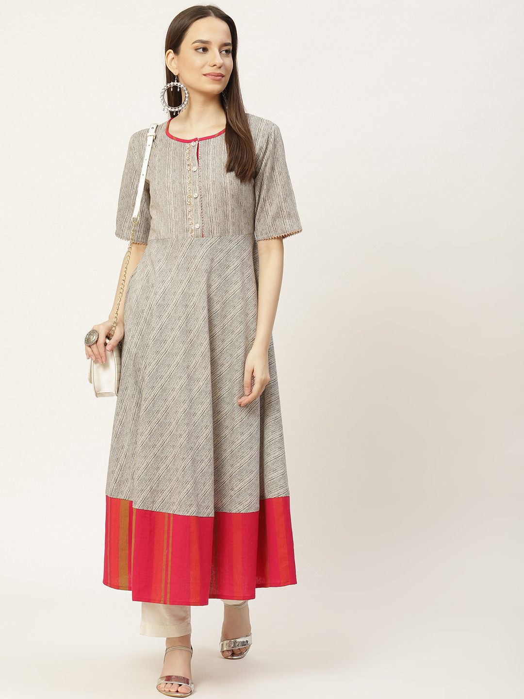 

FABRIC FITOOR Women Grey & Pink Striped Anarkali Kurta