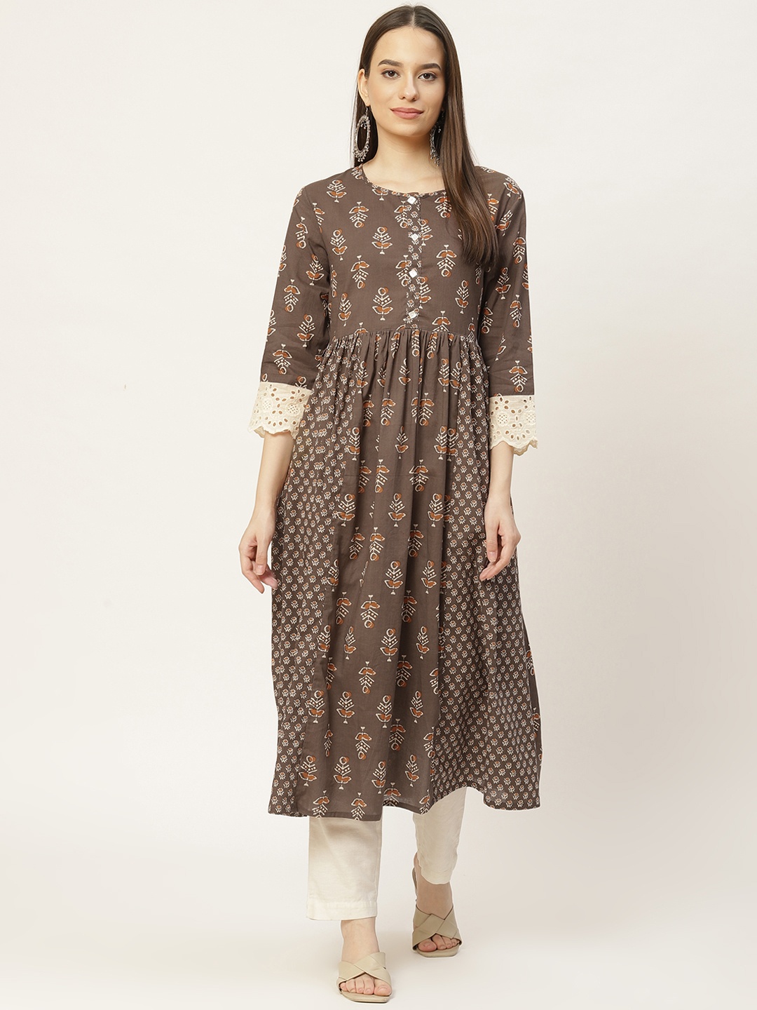 

FABRIC FITOOR Women Brown Ethnic Motifs Printed Anarkali Kurta