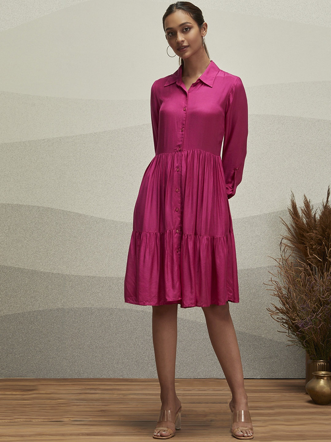 

Ritu Kumar Women Pink Solid Tiered Shirt Dress with Crinkled Effect