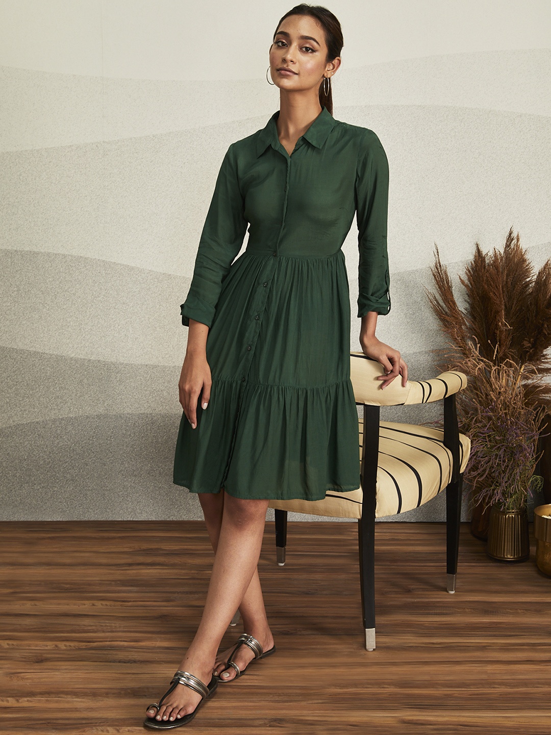 

Ritu Kumar Women Green Solid Tiered Shirt Dress with Crinkled Effect