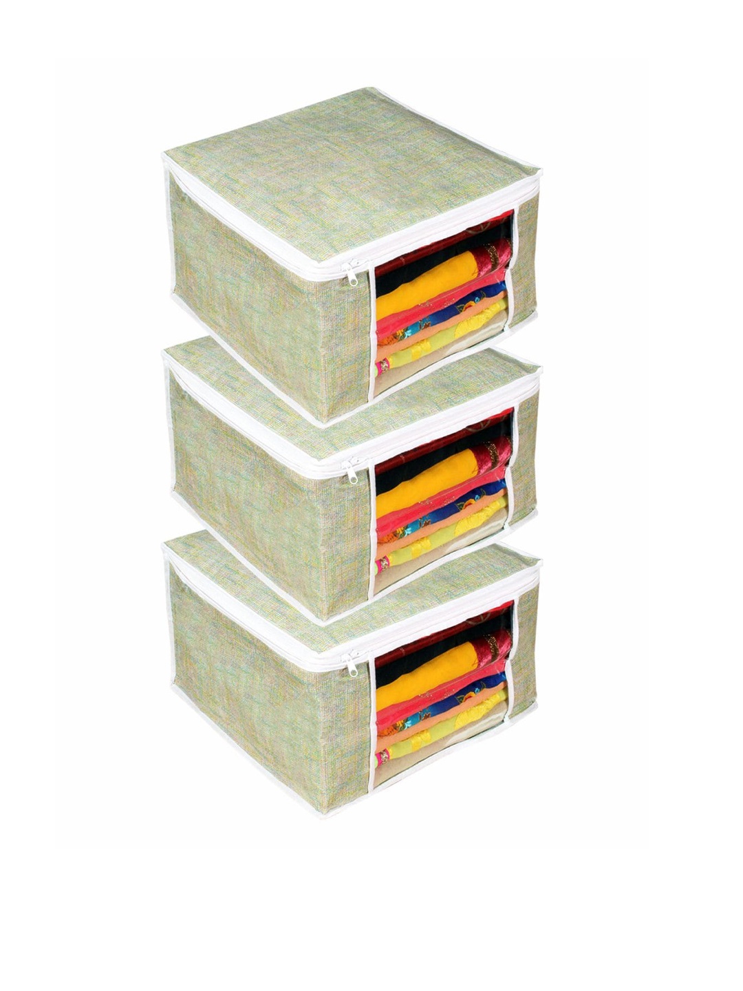 

prettykrafts Set Of 3 Green & White Printed Saree Organisers