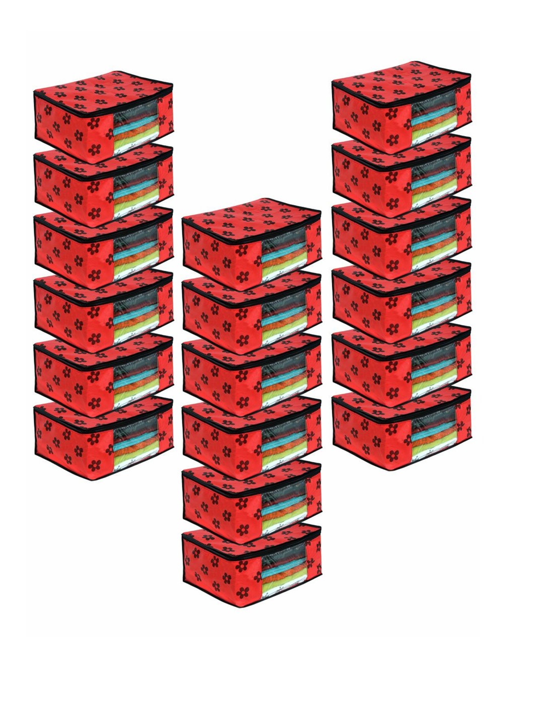 

prettykrafts Set Of 18 Red & Black Printed Saree Organisers With Transparent Window